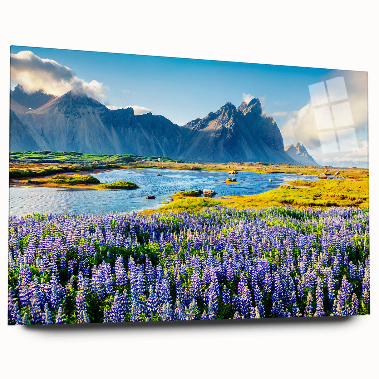Acrylic glass wall art showcasing a vibrant mountain landscape design in a side view, perfect for modern home decor. Ideal for nature enthusiasts.