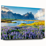 Acrylic glass wall art showcasing a vibrant mountain landscape design in a side view, perfect for modern home decor. Ideal for nature enthusiasts.