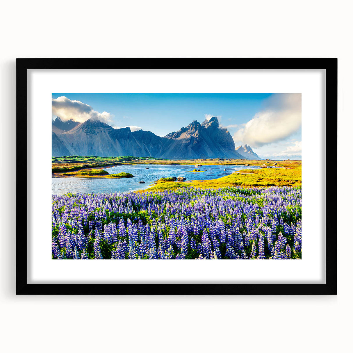 Framed wall art featuring a stunning mountain landscape design, set in a sleek black frame with a white mat, perfect for modern home decor. Ideal for nature lovers and interior design enthusiasts.