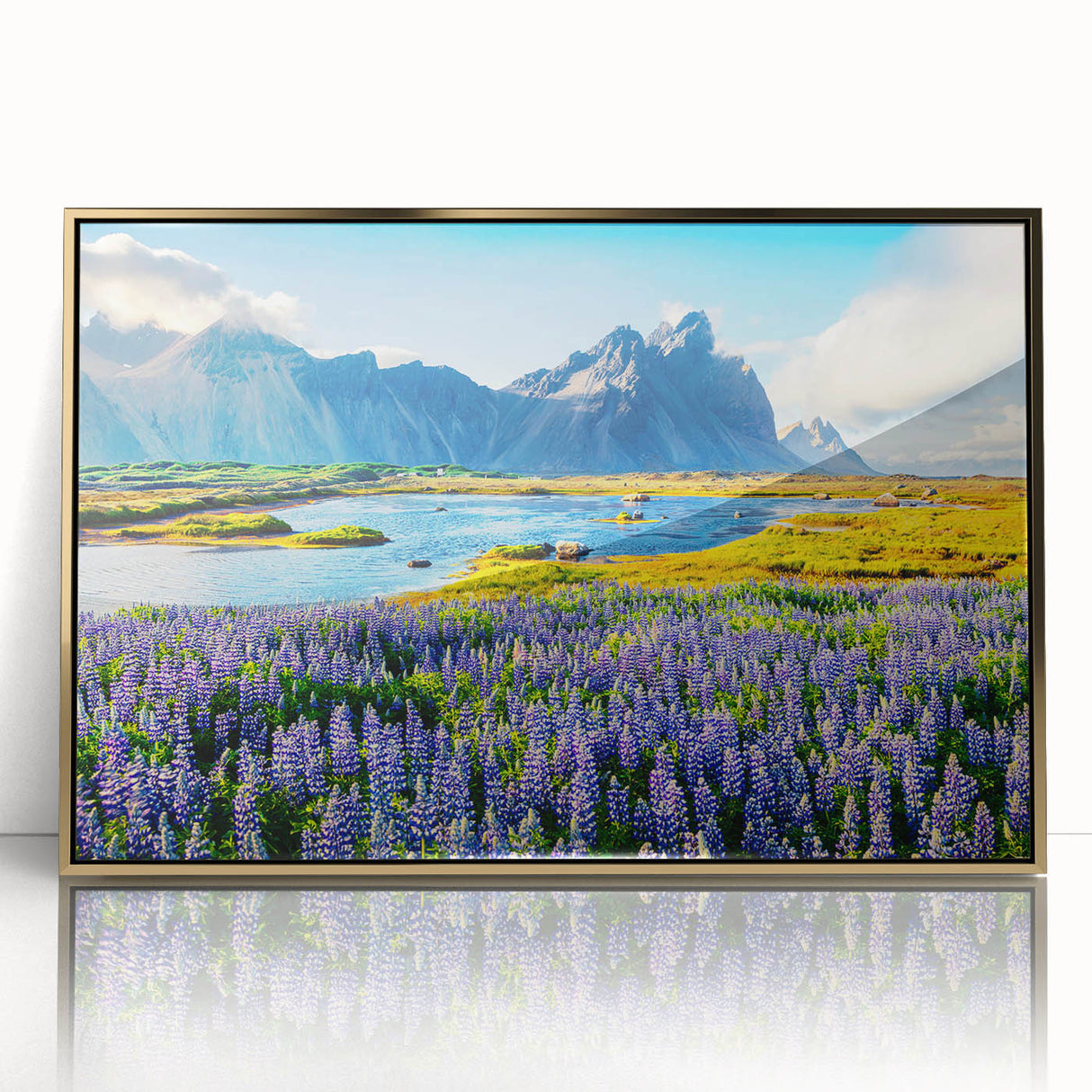 Framed acrylic wall art featuring a stunning mountain landscape design with gold accents, ideal for enhancing modern home decor and creating a serene atmosphere.