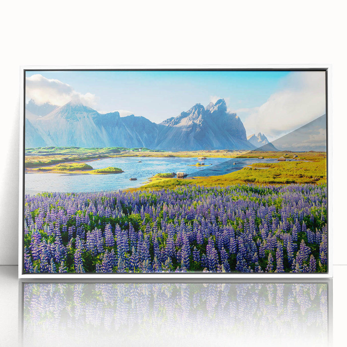 Framed wall art showcasing a stunning mountain landscape design in acrylic, featuring vibrant colors and a sleek white frame for modern decor. Perfect for nature lovers.