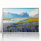 Framed wall art showcasing a stunning mountain landscape design in acrylic, featuring vibrant colors and a sleek white frame for modern decor. Perfect for nature lovers.