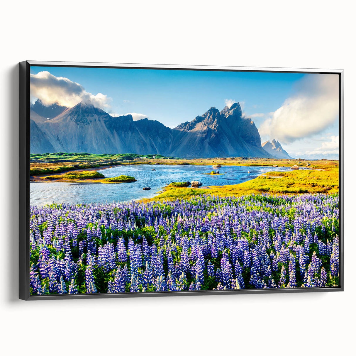 Framed canvas wall art showcasing a stunning mountain landscape design, featuring vibrant colors and intricate details, perfect for home decor in a modern setting.