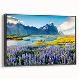 Framed canvas wall art showcasing a stunning mountain landscape design, featuring vibrant colors and intricate details, perfect for home decor in a modern setting.