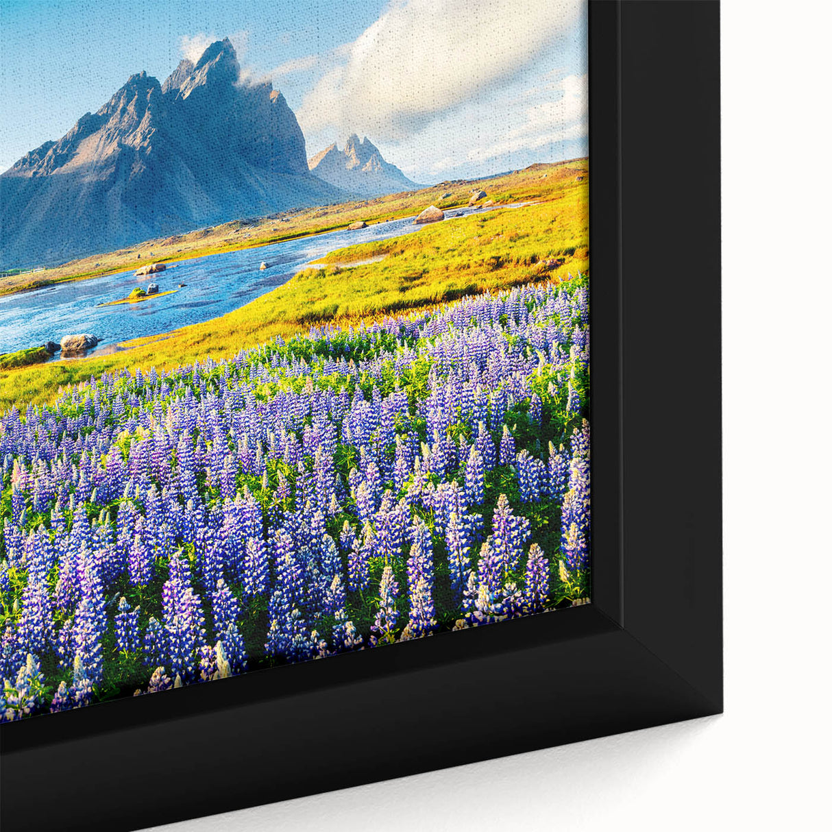 Framed canvas wall art showcasing a vibrant mountain landscape design with rich colors and intricate details, perfect for enhancing home decor and creating a serene atmosphere.