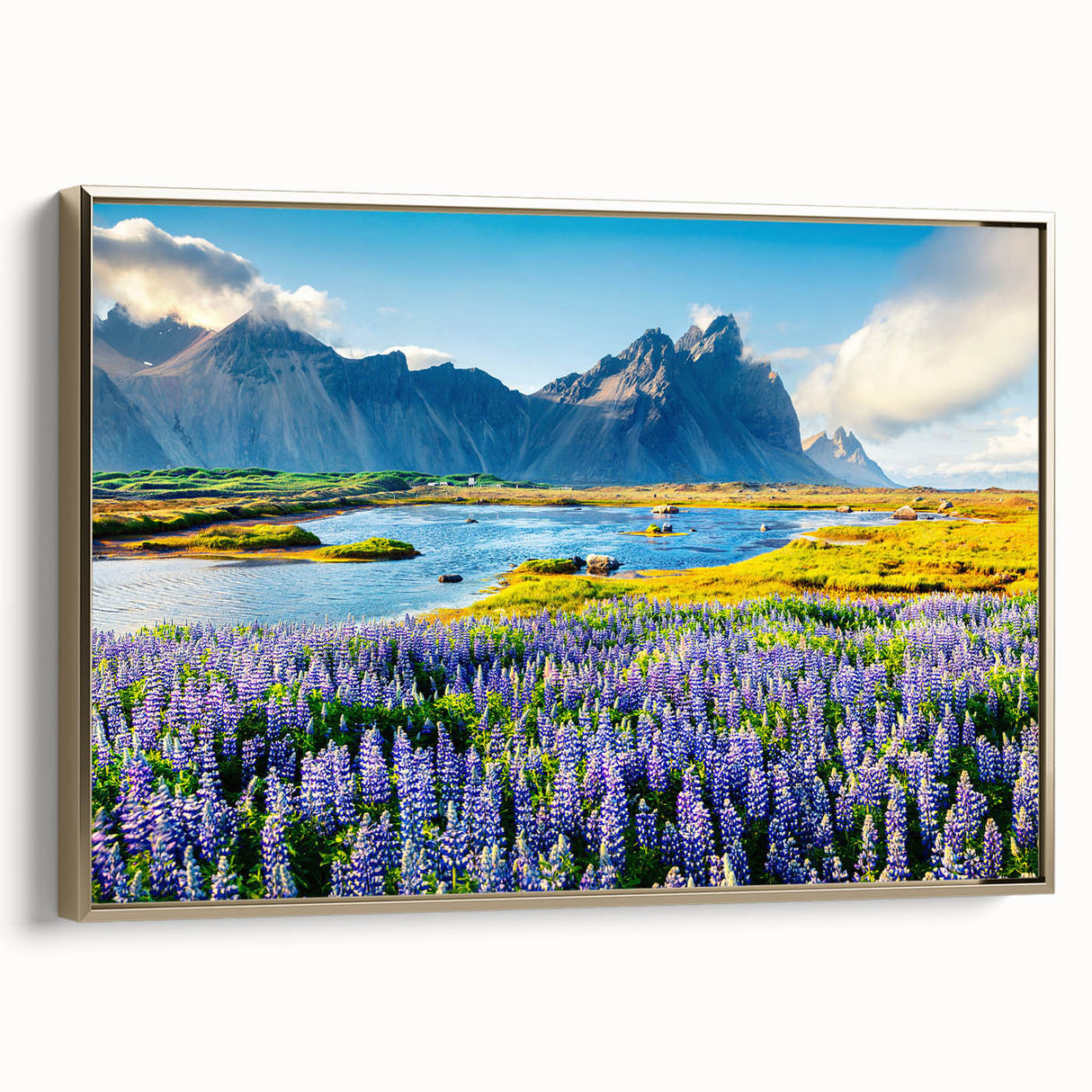 Framed canvas wall art featuring a stunning mountain landscape design with rich gold accents, perfect for adding elegance to home decor. Ideal for nature lovers.