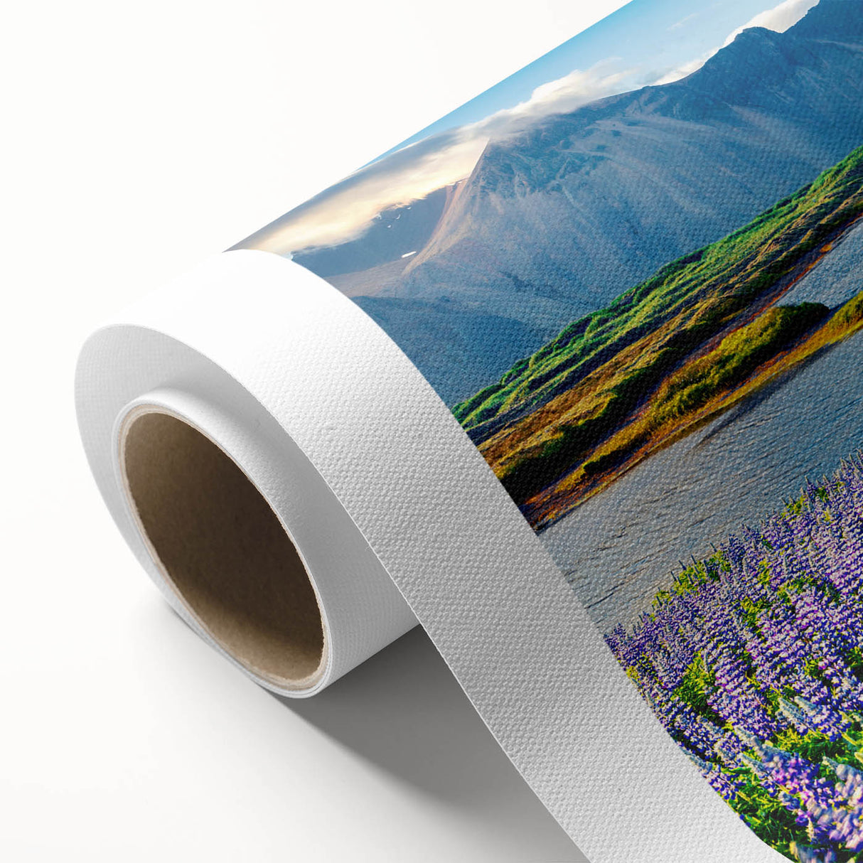 Vibrant rolled canvas wall art showcasing a stunning mountainous landscape design with rich colors and intricate details, perfect for home decor.