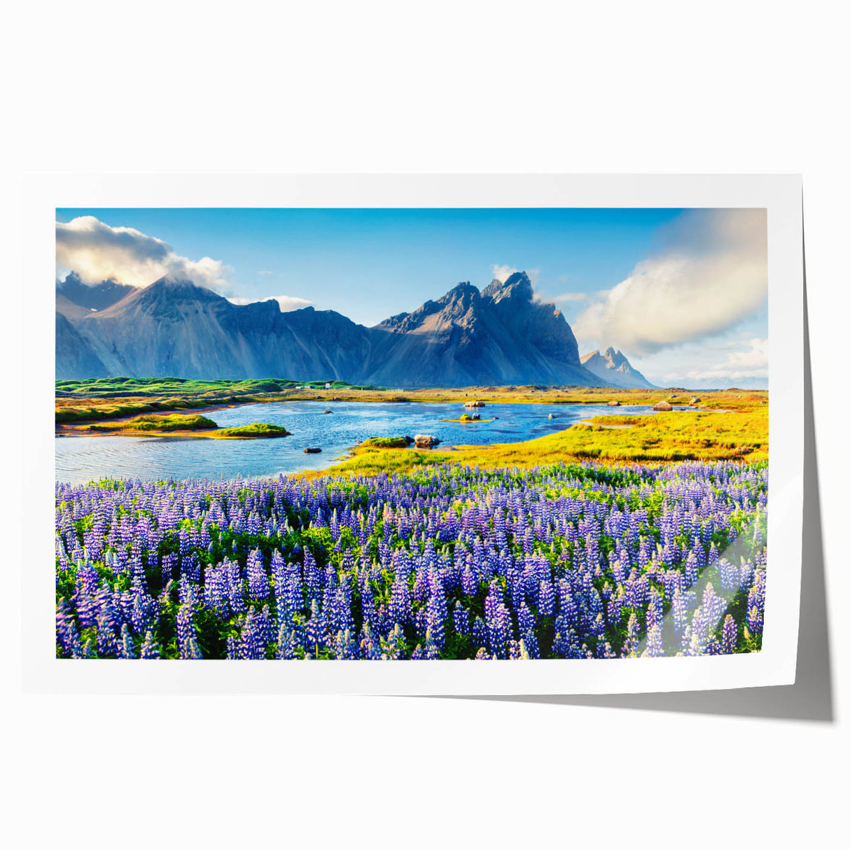 Mountain landscape wall art print showcasing vibrant colors and intricate details, rolled for easy shipping, perfect for home decor enthusiasts.