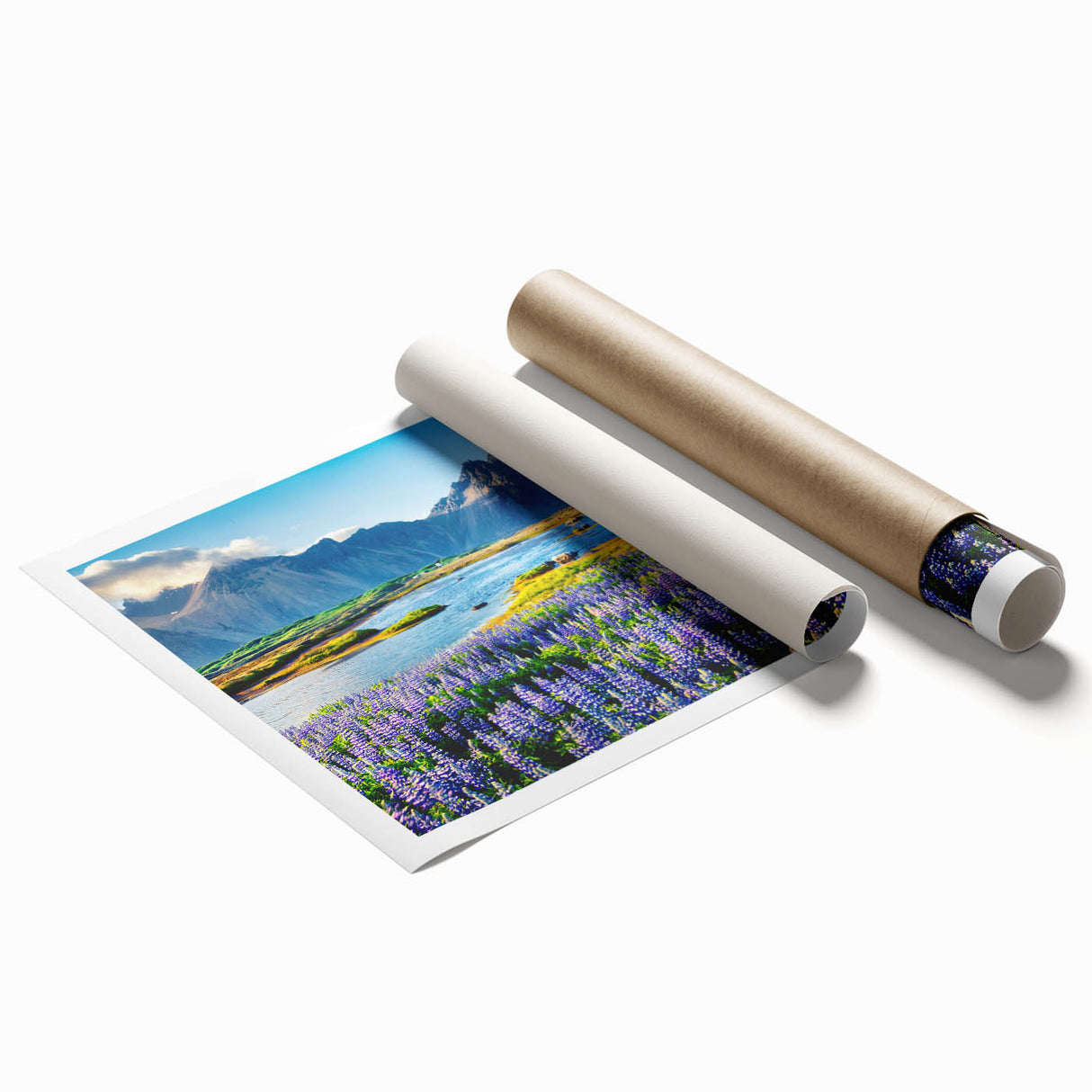 Vibrant rolled print of a majestic mountain landscape, showcasing rich colors and intricate details in a contemporary design, perfect for home decor.