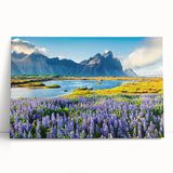 Colorful stretched canvas wall art featuring a scenic mountain landscape design, showcasing vibrant hues of blue and green, perfect for home decor accents.