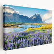 Stretched canvas wall art showcasing a breathtaking mountain landscape design with rich colors and intricate details, ideal for home decor enthusiasts seeking nature-inspired aesthetics.