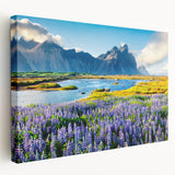 Stretched canvas wall art showcasing a breathtaking mountain landscape design with rich colors and intricate details, ideal for home decor enthusiasts seeking nature-inspired aesthetics.