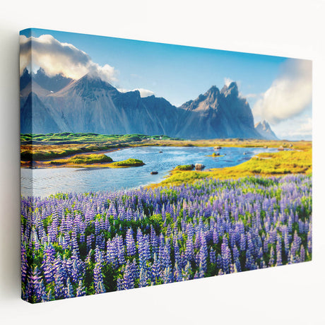 Stretched canvas wall art showcasing a breathtaking mountain landscape design with rich colors and intricate details, ideal for home decor enthusiasts seeking nature-inspired aesthetics.