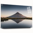 Acrylic glass wall art featuring a stunning mountain landscape design, showcasing vibrant colors and intricate details, elegantly displayed with pins for a contemporary aesthetic.