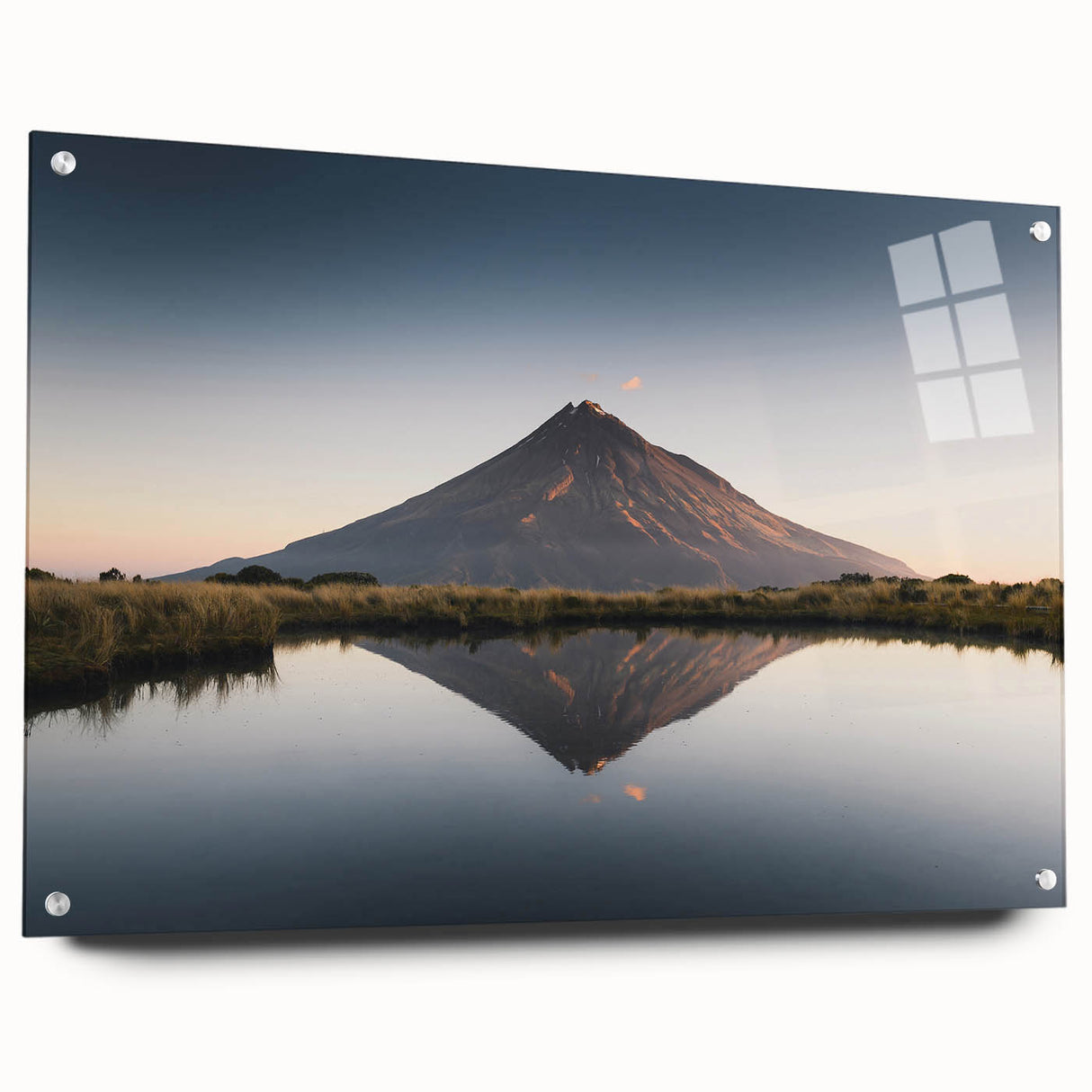 Acrylic glass wall art featuring a stunning mountain landscape design, showcasing vibrant colors and intricate details, elegantly displayed with pins for a contemporary aesthetic.