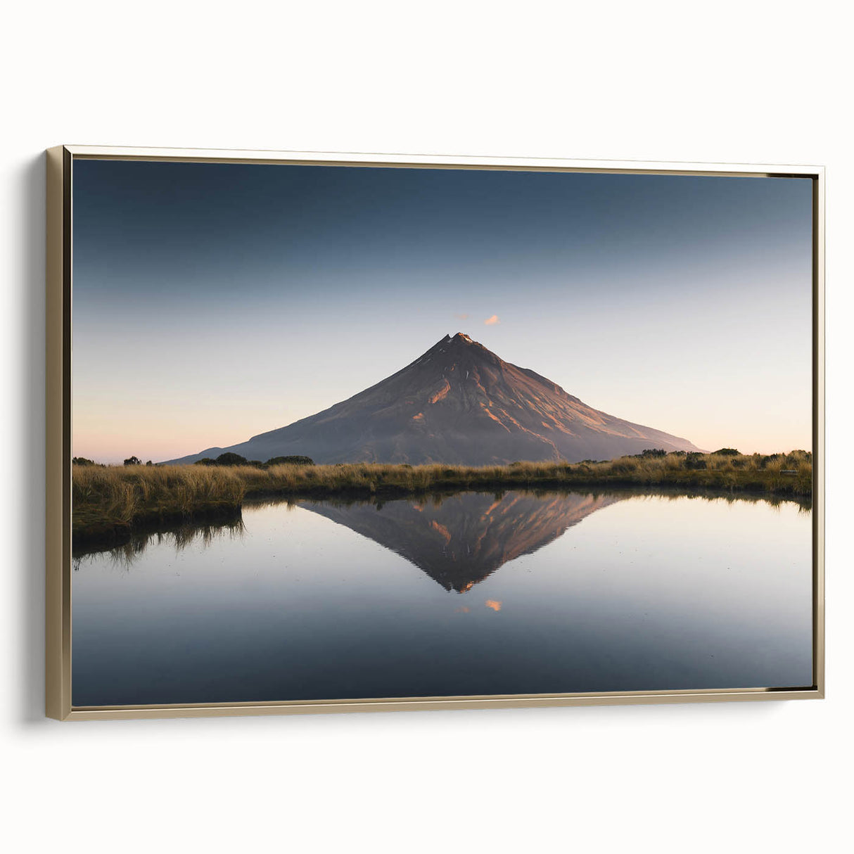 Framed canvas wall art showcasing a stunning mountain landscape with gold accents, perfect for enhancing modern home decor and creating a serene atmosphere.
