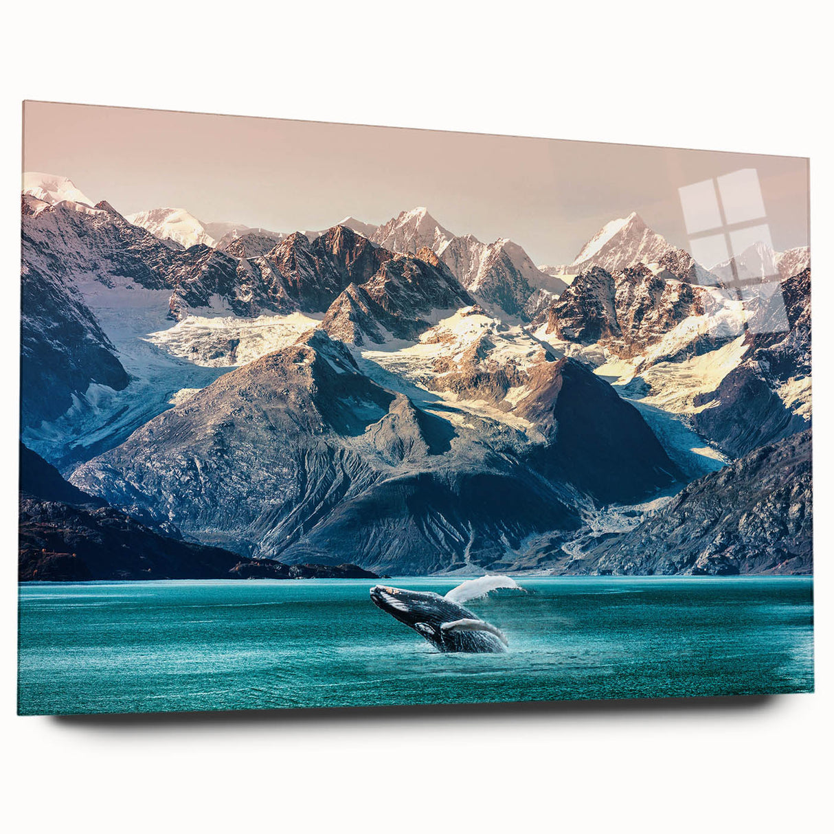 Acrylic glass wall art design showcasing a stunning mountain landscape in vibrant colors, elegantly displayed from a side view, perfect for modern home decor.