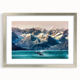 Framed wall art featuring a serene mountain landscape design in silver matting, showcasing vivid colors and intricate details, perfect for home decor.