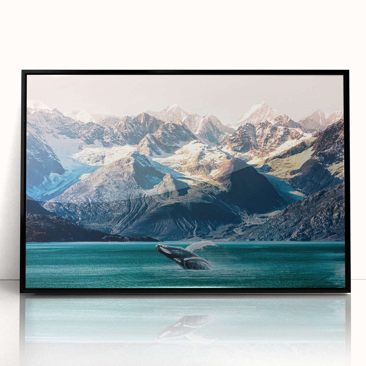 Framed wall art featuring a stunning mountain landscape design, with black acrylic framing and a sleek front view, perfect for modern home decor.