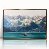 Framed acrylic wall art showcasing a stunning mountain landscape design with gold accents, perfect for enhancing modern home decor and wall aesthetics.