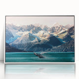 Framed wall art featuring a serene mountain landscape design with vibrant colors, set against a white background, perfect for home decor enhancement.