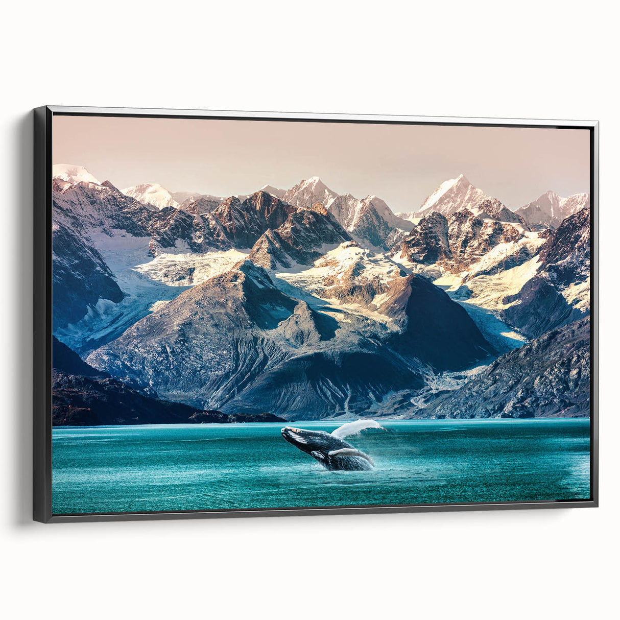 Framed canvas wall art depicting a stunning mountain landscape in vibrant colors, showcasing a black frame with a side view, perfect for enhancing modern decor.