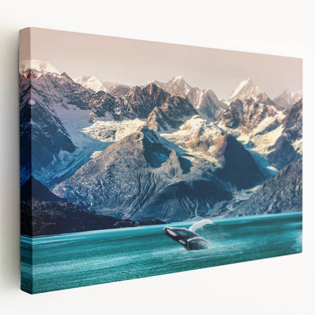 Stretched canvas art featuring a serene landscape with majestic mountains, rich green forests, and a blue sky, ideal for home decor or office aesthetics.