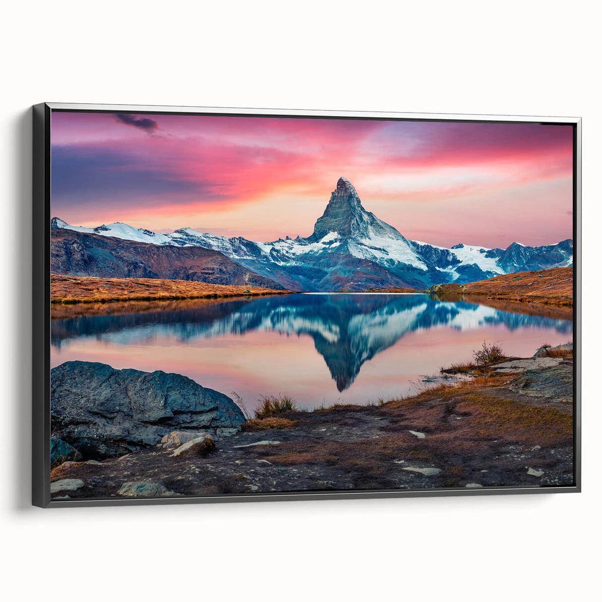 Framed canvas wall art showcasing a stunning mountain landscape design, featuring rich colors and intricate details, perfect for enhancing home decor with a natural theme.
