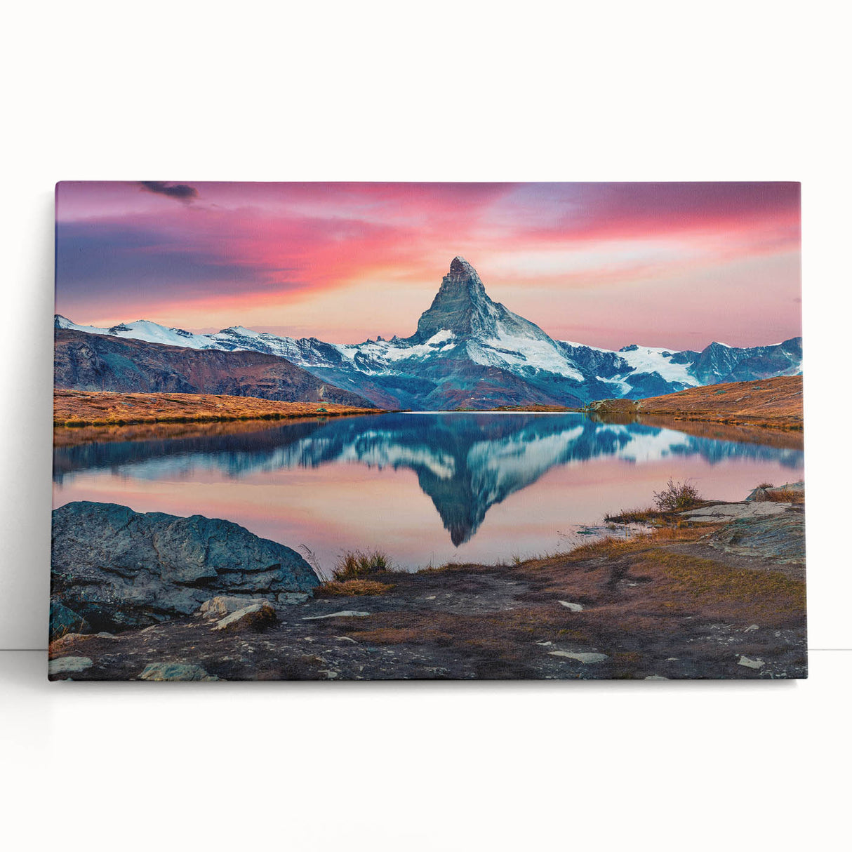 Stretched canvas wall art showcasing a vibrant mountain landscape with rich colors, perfect for home decor. Ideal for nature lovers seeking serene aesthetics.