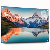Acrylic glass wall art collection showcasing a stunning landscape of mountains, with vibrant colors and a side view display featuring decorative pins for easy hanging. This artwork enhances any room with its natural beauty and contemporary design.