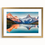 Framed wall art featuring a stunning mountain landscape design with a gold mat, ideal for enhancing modern home decor. Perfect for nature lovers and art enthusiasts.