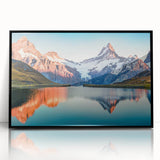 Framed wall art showcasing a stunning mountain landscape design in acrylic, featuring a sleek black frame, perfect for home décor or office settings.