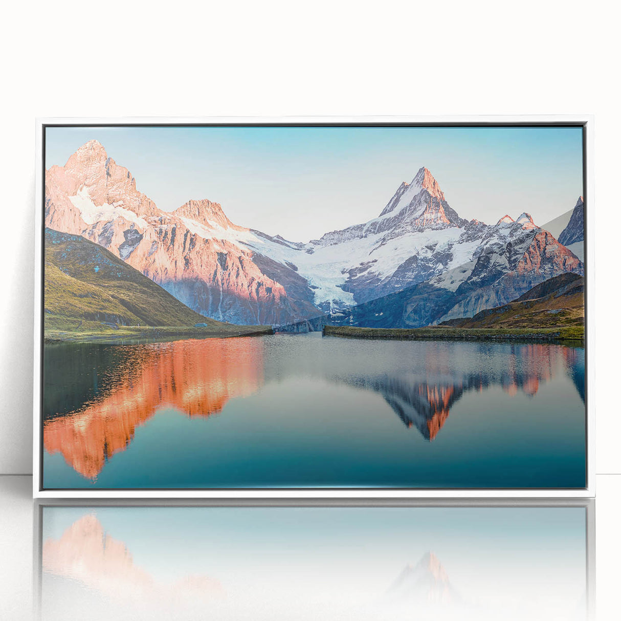 Framed wall art showcasing a serene mountain landscape in soft pastel colors, with a sleek white frame and acrylic front, perfect for modern decor.