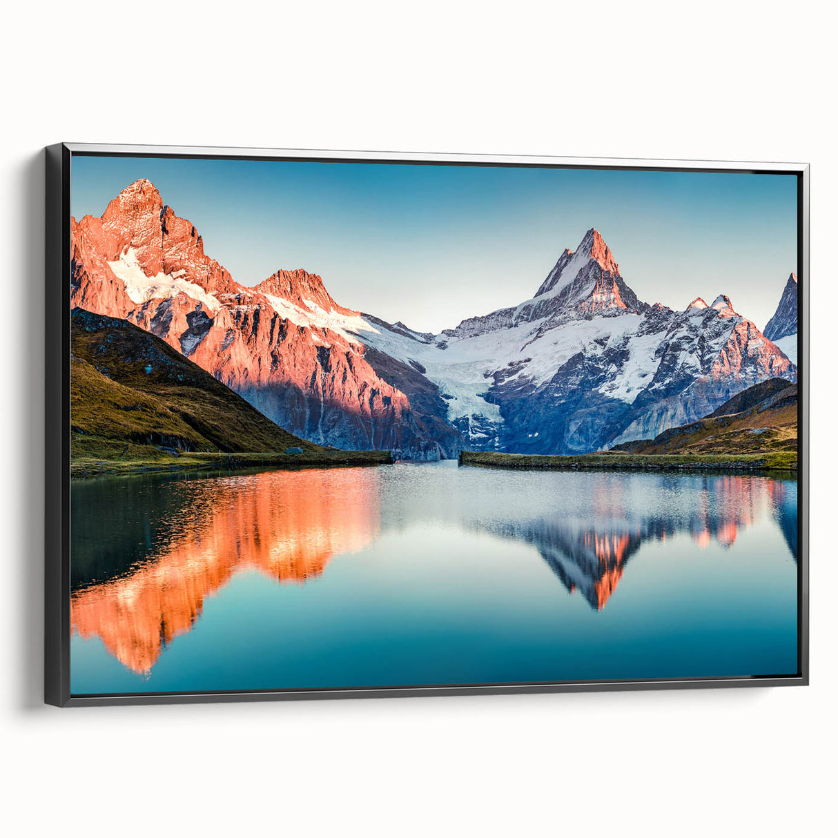 Framed canvas wall art showcasing a stunning mountain landscape design with vibrant colors and intricate details, perfect for enhancing modern home decor.