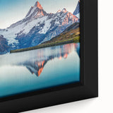 Framed canvas artwork showcasing a stunning mountain landscape design with vibrant colors and intricate details, ideal for enhancing home decor.