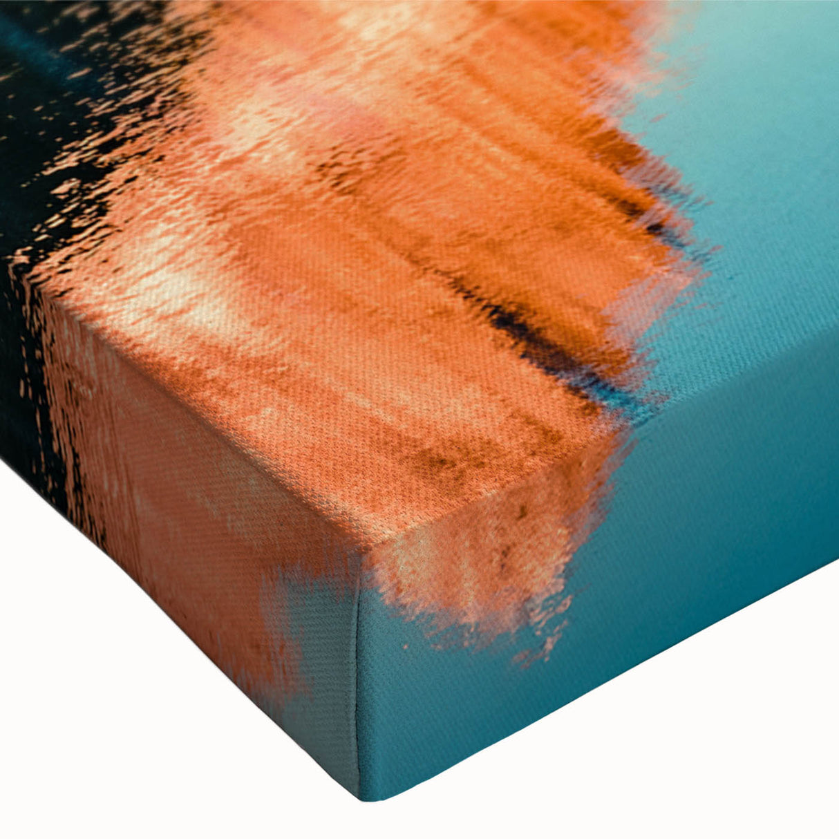 Close-up of a stretched canvas showcasing a vibrant mountain landscape design in rich blues and greens, perfect for home decor or wall art collection.