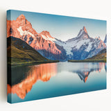 Stretched canvas wall art depicting a serene mountain landscape with vibrant colors and intricate details, perfect for home decor or office spaces.