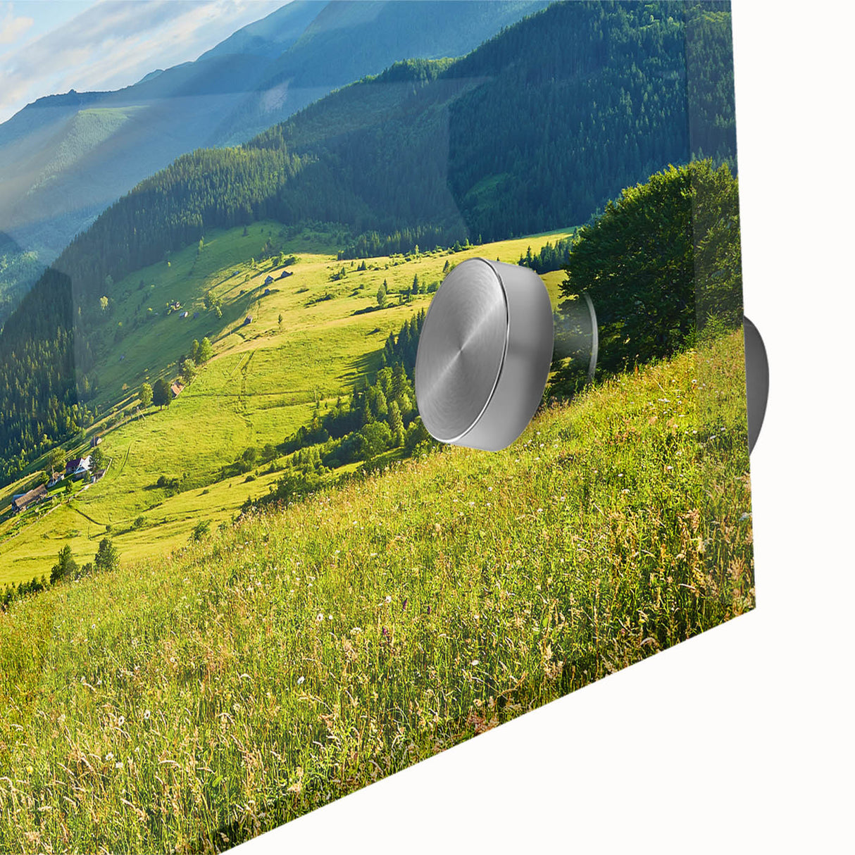 Close-up of a stunning acrylic glass wall art piece showcasing a vibrant mountain landscape design, featuring rich colors and intricate details, perfect for modern decor. Ideal for nature lovers and interior design enthusiasts looking to elevate their space with artistic flair.