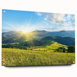 Acrylic glass wall art featuring a vibrant mountain landscape design, showcasing rich colors and intricate details, elegantly displayed with pins against a clean backdrop.