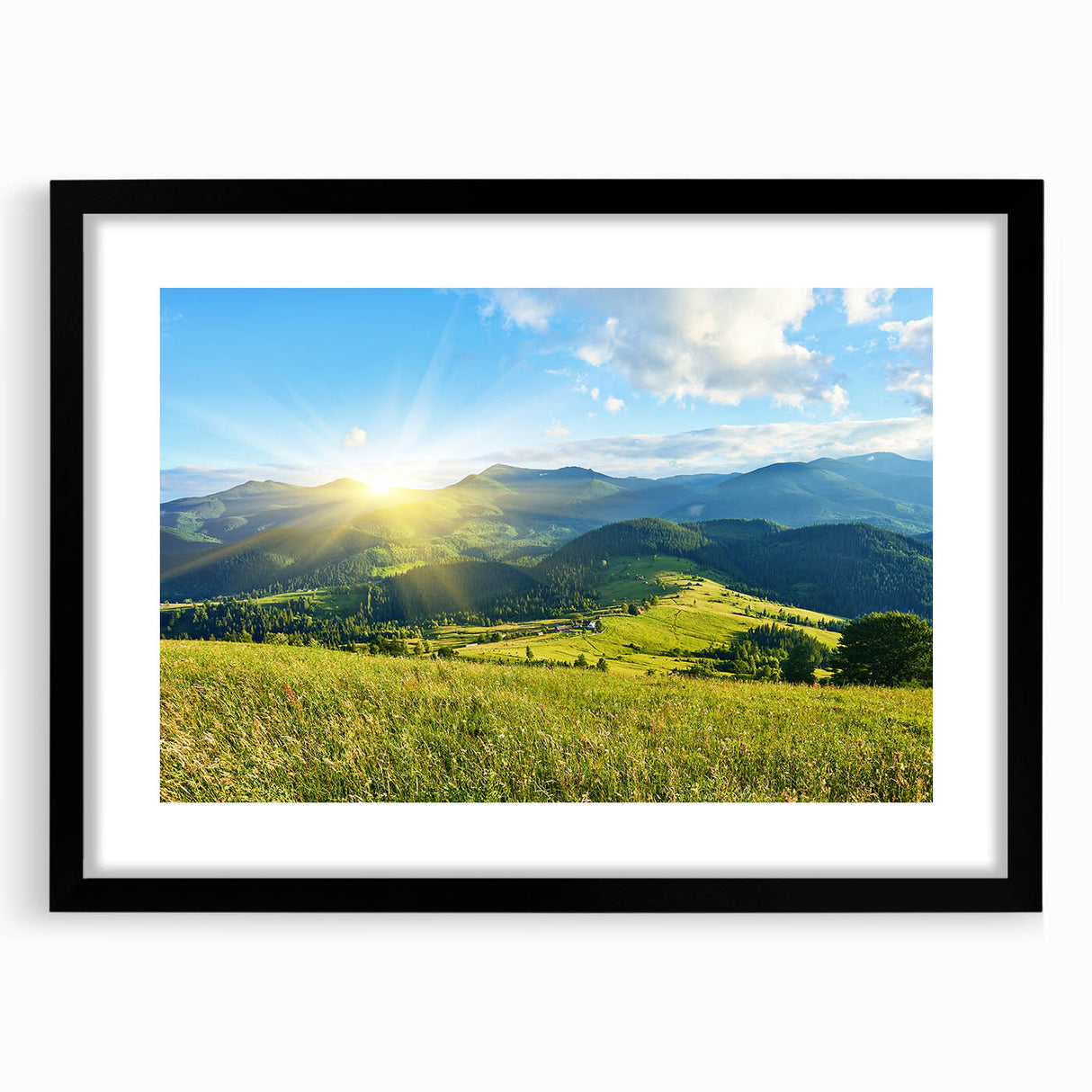 Framed wall art showcasing a stunning mountain landscape design, featuring a black mat and sleek black frame, perfect for modern home decor. The vibrant colors and intricate details capture the beauty of nature, enhancing any interior space.