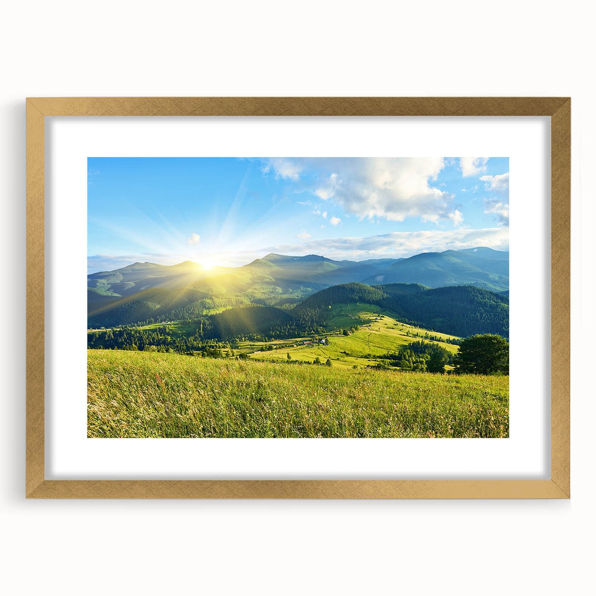 Framed wall art depicting a stunning mountain landscape in gold tones, featuring a matte finish, perfect for home decor and interior design enthusiasts.