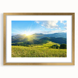 Framed wall art depicting a stunning mountain landscape in gold tones, featuring a matte finish, perfect for home decor and interior design enthusiasts.