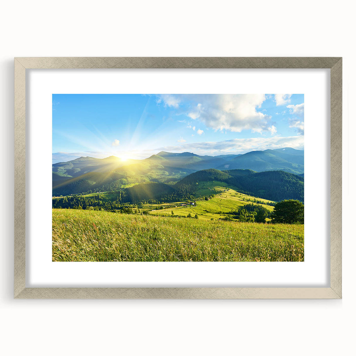 Framed silver wall art featuring a serene mountain landscape design, perfect for home decor, showcasing calming colors and intricate details in a stylish mat.