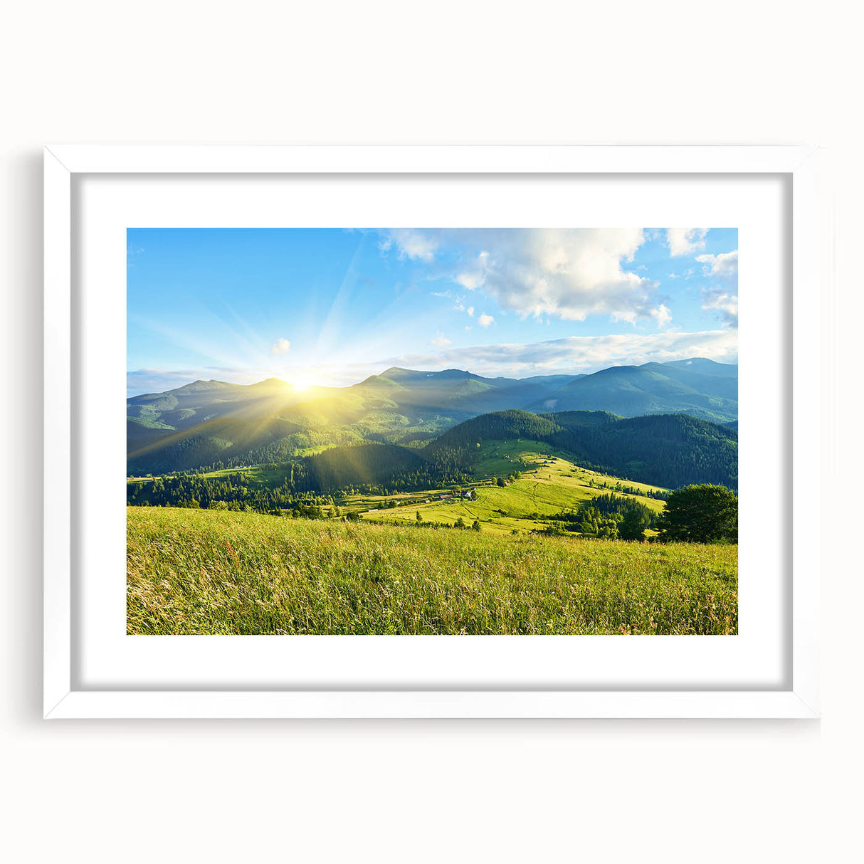 Framed wall art showcasing a serene mountain landscape in soft pastel colors, featuring a white mat and sleek black frame, perfect for modern home decor.