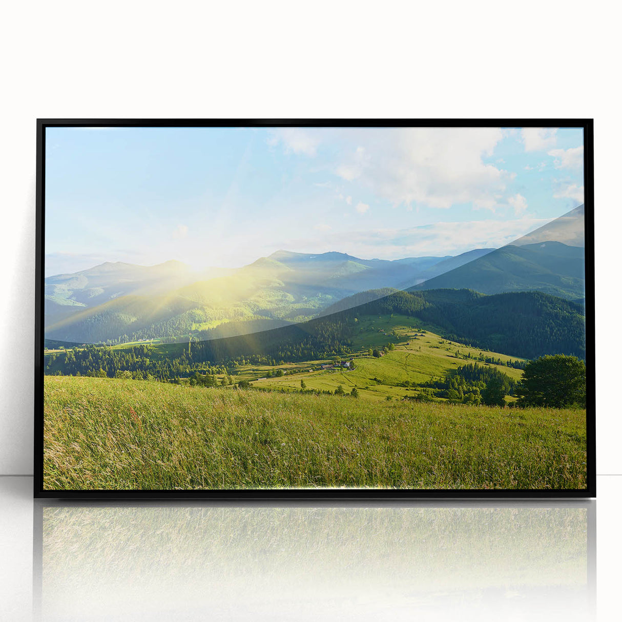 Framed acrylic wall art featuring a stunning mountain landscape design, presented in a sleek black frame, ideal for enhancing modern home decor.