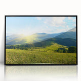Framed acrylic wall art featuring a stunning mountain landscape design, presented in a sleek black frame, ideal for enhancing modern home decor.