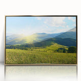 Framed wall art showcasing a stunning mountain landscape design in vibrant colors, featuring a gold-accented acrylic frame, perfect for modern home decor.