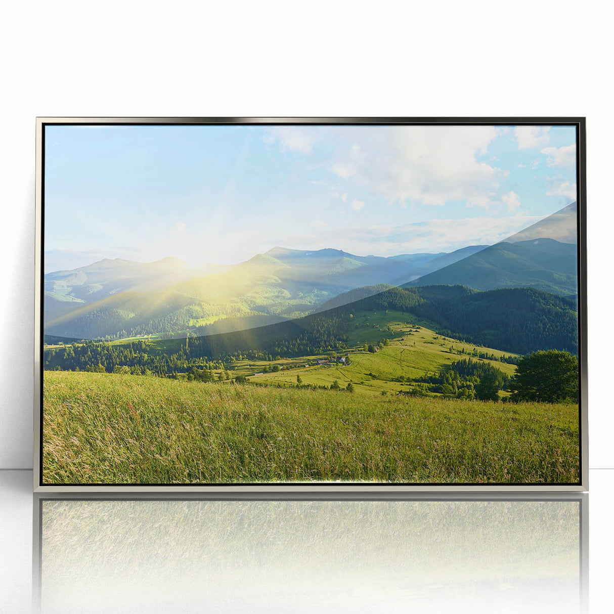 Framed wall art featuring a stunning mountain landscape design with vibrant colors and a sleek silver frame, perfect for enhancing any home decor.