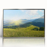 Framed wall art featuring a stunning mountain landscape design with vibrant colors and a sleek silver frame, perfect for enhancing any home decor.