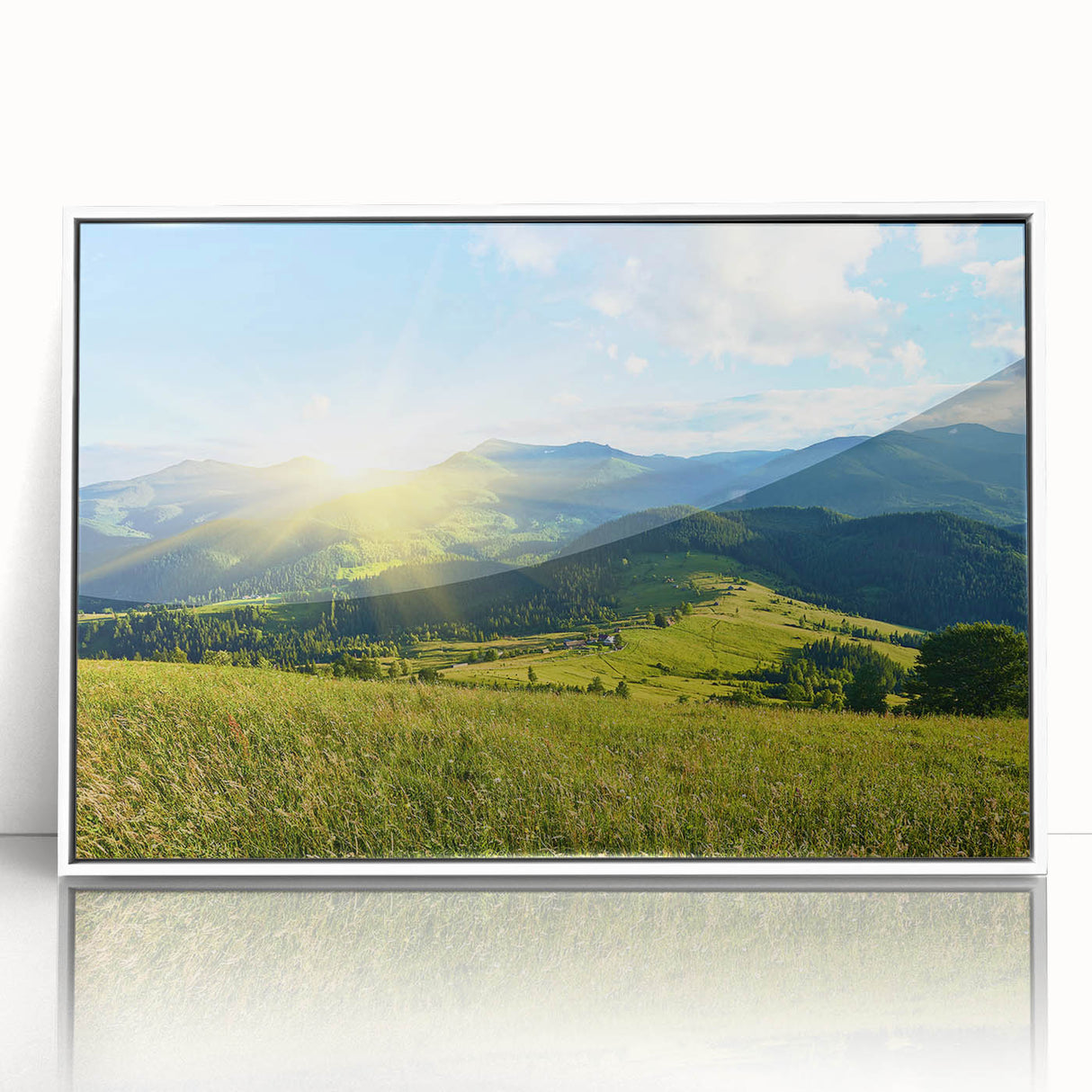 Framed acrylic wall art depicting a serene mountain landscape, showcasing vibrant colors and intricate details, perfect for modern home décor.
